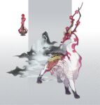  1other animal_ears antlers bottle cloud commentary_request deer deer_antlers fewer_digits floral_print flower fog gradient_background grey_background horns long_neck maruneko no_humans original pixiv_username red_flower red_fur simple_background storm_cloud two-tone_background two-tone_fur white_background white_fur 