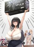  1girl armpits arms_up artist_name black_hair black_skirt blunt_bangs blush breasts bright_pupils cleavage collarbone glasses highres huge_breasts keenh long_hair original round_eyewear shirt skirt solo tyara_(keenh) white_shirt 