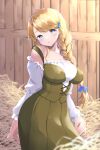  1girl absurdres arm_at_side arm_behind_back beads blonde_hair blue_eyes braid braided_ponytail breasts collarbone contrapposto cowboy_shot detached_sleeves dress freckles frilled_dress frilled_sleeves frills green_dress hair_beads hair_ornament hair_over_shoulder hay head_tilt highres large_breasts light_blush long_dress long_hair long_sleeves looking_at_viewer maou_no_hajimekata mio_(maou_no_hajimekata) mozuya_murasaki parted_lips sleeveless sleeveless_dress solo swept_bangs white_sleeves wooden_wall 