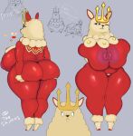 anthro areola artist_name big_areola big_breasts big_butt big_nipples black_sclera breasts butt color_swatch crown dialogue english_text eyelashes female female_anthro front_view full-length_portrait genitals grey_background hand_on_butt hand_on_own_breast hand_on_own_butt headgear huge_breasts huge_butt kingpaca looking_at_viewer monotone_background multiple_angles nipple_dip nipples nude nude_anthro nude_female one_eye_closed pal_(species) palworld pink_areola pink_nipples pocketpair portrait rear_view red_body simple_background sketch_page solo speech_bubble text thesaimos thick_thighs three-quarter_view vulva white_eyes wide_hips wink