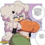 2026 absurd_res anthro artist_name big_breasts blue_eyes bovid breasts caprine clothing curvy_figure dialogue english_text eyelashes female hair half-closed_eyes hi_res horn huge_breasts idw_publishing lanolin_the_sheep_(sonic) long_hair mammal midriff mocha-draws motion_lines narrowed_eyes navel nipple_outline offscreen_character open_mouth open_smile orange_clothing orange_shirt orange_tank_top orange_topwear sega sheep shirt smile solo sonic_the_hedgehog_(comics) sonic_the_hedgehog_(idw) sonic_the_hedgehog_(series) speech_bubble tail talking_to_another tank_top text thick_thighs tongue topwear voluptuous white_hair white_tail wide_hips