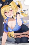  1girl absurdres arm_up bed blonde_hair blush breasts chalky_(zenless_zone_zero) cissia_(zenless_zone_zero) cleavage commentary crawling english_commentary english_text hair_ornament hand_on_own_head hat highres indoors large_breasts long_hair looking_at_viewer on_bed open_mouth pink_nails police police_hat police_uniform policewoman pom_pom_(clothes) pom_pom_hair_ornament red_eyes serafhin shirt skirt smile snake snake_girl snake_tail solo tail thick_thighs thighhighs thighs twitter_username white_snake zenless_zone_zero 