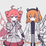  2girls a.i._voice adachi_rei ahoge android cable chibikki closed_mouth commentary cowboy_shot english_commentary expressionless grey_jacket grey_skirt heart heart_ahoge highres holding_hands jacket kasane_teto kasane_teto_(sv) long_sleeves looking_at_viewer medium_hair multiple_girls open_clothes open_jacket orange_eyes orange_hair red_eyes red_hair single_wing skirt standing straight-on synthesizer_v tentacles utau white_jacket wings 