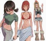  3girls absurdres alternate_costume armlet bandana belly belt bikini black_belt black_tank_top blonde_hair boots breasts brown_eyes brown_hair chain chainsaw_man clothes_around_waist cutoff_jeans cutoffs denim denim_jacket denim_shorts earrings fur-trimmed_boots fur_trim green_shirt hair_ornament hairclip higashiyama_kobeni highleg highleg_bikini highres holding holding_knife holding_weapon jacket jewelry knife makima_(chainsaw_man) medium_hair mole mole_under_eye multiple_girls multiple_views narrow_waist navel necklace one_eye_closed pants ponytail power_(chainsaw_man) red_bikini red_hair ringed_eyes shirt short_ponytail shorts simple_background single_sidelock skinny sweatpants swimsuit symbol-shaped_pupils tank_top tefi_blum torn_clothes torn_jacket waving weapon white_background white_pants yellow_eyes 