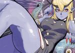  1girl bare_shoulders black_dress black_horns blonde_hair blue_skin bracelet breasts buttons closed_mouth colored_skin darkstalkers demon_girl demon_horns dress fingernails genderswap genderswap_(mtf) hair_between_eyes highres horns jedah_dohma jewelry jinbei_(jinbei0608) large_breasts long_fingernails long_hair looking_at_viewer midnight_bliss monster_girl nail_polish pointy_ears purple_skin red_eyes red_nails sharp_fingernails sleeveless sleeveless_dress snake solo tail taut_clothes taut_dress thighs 