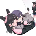  2girls :t ;d absurdres black_hair black_nails black_sweater blush commentary_request cone_hair_bun cross-laced_clothes cross-laced_sleeves eating feeding green_eyes grey_jacket hair_bun haraga_kurumi heart heart-shaped_pupils highres hood hood_down hood_up hug jacket kimi_no_koto_ga_dai_dai_dai_dai_daisuki_na_100-nin_no_kanojo long_sleeves lying_on_person medium_hair mekayutu miniskirt multicolored_hair multiple_girls nail_polish one_eye_closed open_mouth pink_hair pleated_skirt pom_pom_(clothes) red_eyes simple_background skirt smile streaked_hair sweater symbol-shaped_pupils teeth two-tone_hair upper_teeth_only usami_shiina white_background 