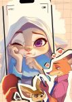  1girl 2boys animal_ears animal_nose annoyed cellphone commentary finnick_(zootopia) fox_boy fox_ears furry furry_female furry_male furry_with_furry heart hetero highres holding holding_phone interspecies judy_hopps looking_at_phone multiple_boys nick_wilde official_style one_eye_closed phone purple_eyes rabbit_ears rabbit_girl smartphone smile tomoe_(shoushou781) variant_set viewfinder zootopia 