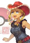  1girl belt black_shirt blonde_hair blue_eyes blue_overalls blush braid breasts commentary cowboy_hat denim denim_overalls farmer hat highres kitt_(pokemon) long_hair medium_breasts open_mouth overall_shorts overalls poke_ball poke_ball_(basic) pokemon pokemon_champions red_hat shirt skaggshood sleeveless sleeveless_shirt smile solo teeth twin_braids upper_teeth_only 