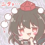  1girl :d black_hair blush_stickers camera chibi collared_shirt commentary_request hands_up hat highres holding holding_camera looking_at_viewer mini_hat mitarashi_neko notice_lines polka_dot polka_dot_background puffy_short_sleeves puffy_sleeves red_eyes red_hat shameimaru_aya shirt short_sleeves smile solo tokin_hat touhou translation_request upper_body white_shirt 