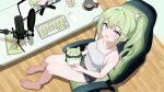  1girl absurdres bare_legs bare_shoulders barefoot black_shorts blue_eyes book chair chico_(yuzuha_riko) collarbone commentary_request computer_keyboard computer_mouse cup from_above gaming_chair green_hair hair_ornament highres korean_commentary looking_at_viewer midriff monitor multicolored_hair navel on_chair open_mouth pom_pom_(clothes) pom_pom_hair_ornament saho_4545 second-party_source shorts side_ponytail sidelocks sitting stellive streaked_hair swivel_chair table tank_top virtual_youtuber white_hair white_tank_top yuzuha_riko 