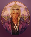  1boy ace_attorney balance_scale black_shirt blue_eyes chain chain_necklace collared_shirt commentary dark-skinned_male dark_skin downturned_eyes drill_hair earrings english_commentary eyewear_on_head floral_background flower highres jacket jewelry klavier_gavin lana_rm7 light_smile long_hair male_focus necklace pink_flower popped_collar purple_jacket shirt single_earring stained_glass sunglasses upper_body weighing_scale 