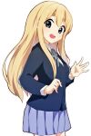  1girl blazer blonde_hair blue_eyes blue_jacket blue_ribbon blue_sleeves blush collared_shirt commentary_request cowboy_shot double-parted_bangs from_side hair_between_eyes jacket k-on! kotobuki_tsumugi long_hair long_sidelocks long_sleeves looking_at_viewer mani_(manidrawings) neck_ribbon open_mouth pleated_skirt ribbon sakuragaoka_high_school_uniform school_uniform shirt sidelocks simple_background skirt solo standing teeth thick_eyebrows turning_head upper_teeth_only white_background white_shirt 