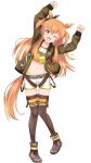  1girl absurdres animal_ears arms_up belt black_thighhighs blush bomber_jacket boots bow breasts brown_ribbon crop_top dog_tags ear_bow ear_ribbon full_body green_belt green_jacket highres horse_ears horse_girl horse_tail jacket long_hair long_sleeves looking_at_viewer mayano_top_gun_(scramble_zone)_(umamusume) mayano_top_gun_(umamusume) midriff navel one_eye_closed open_clothes open_jacket open_mouth orange_hair orange_tail ribbon shirt shorts simple_background small_breasts smile solo tail thighhighs two_side_up uji_(966qrr) umamusume white_background white_shorts yellow_shirt 