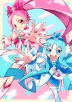 2girls :d arm_out_of_frame arm_up blue_background blue_bow blue_dress blue_eyes blue_hair blue_wrist_cuffs blush boots border bottle bow brooch chest_bow closed_mouth cloud cloudy_sky colorful_cloudy_sky commentary cure_blossom cure_marine curly_sidelocks day dress earrings feet_out_of_frame floral_dress flower_earrings frilled_wrist_cuffs frills fuyunatsu hair_bow hair_ornament hanasaki_tsubomi hand_on_own_face hand_up heart heart_brooch heart_hair_ornament heartcatch_precure! high_ponytail highres jewelry kurumi_erika leg_up long_hair looking_at_viewer magical_girl multicolored_boots multicolored_dress multiple_girls open_hand open_mouth outdoors outside_border outstretched_arm outstretched_hand parted_bangs perfume_bottle pink_boots pink_bow pink_clouds pink_dress pink_eyes pink_hair pink_wrist_cuffs ponytail pouch precure puffy_short_sleeves puffy_sleeves reaching reaching_towards_viewer short_dress short_sleeves sky smile spread_fingers thighhighs two-tone_boots two-tone_dress very_long_hair wavy_hair white_boots white_dress white_thighhighs wrist_cuffs yellow_border 