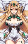  1girl absurdres arms_behind_head bangs bed bed_sheet blonde_hair breasts cleavage dakimakura_(medium) earrings elbow_gloves from_above gloves highres jewelry large_breasts long_hair looking_at_viewer lying meowyin mythra_(xenoblade) on_back open_mouth smile solo tiara tongue tongue_out white_gloves xenoblade_chronicles_(series) xenoblade_chronicles_2 yellow_eyes 