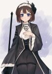  1girl ahoge ascot black_coat black_pants blue_eyes blush bow brown_hair closed_mouth coat commentary_request corset cosplay cowboy_shot frilled_sleeves frills hair_bow hair_ornament hairclip hand_on_own_chest highres hod_(project_moon) holding holding_polearm holding_weapon library_of_ruina light_smile long_sleeves looking_at_viewer maid_headdress open_clothes open_coat pamela_(project_moon) pamela_(project_moon)_(cosplay) pants polearm project_moon sc4peg04t99 short_hair solo thigh_strap weapon white_ascot wide_sleeves 