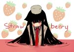  1girl absurdres alucard_(hellsing) ambiguous_red_liquid black_hair blunt_bangs blush_stickers collarbone commentary english_text fei_(bell_fei) flat_color food fruit fur_hat girlycard hat hellsing hellsing:_the_dawn highres jacket long_hair looking_at_viewer necktie no_pupils open_mouth partially_submerged red_eyes red_necktie sharp_teeth sidelocks solo strawberry suit suit_jacket teeth upper_body vampire very_long_hair white_background white_jacket 