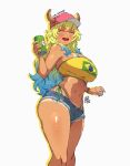 1girl baseball_cap blonde_hair blue_hair brazilian_flag brazilian_flag_print breasts can closed_eyes cutoffs denim denim_shorts dragon_girl dragon_horns flag_print gradient_hair hat holding holding_can horns huge_breasts jk_arts kobayashi-san_chi_no_maidragon long_hair lucoa_(maidragon) micro_shorts multicolored_hair navel open_mouth pink_hat shorts simple_background solo strapless tan tube_top white_background yellow_tube_top 