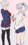  2girls black_thighhighs blue_eyes blue_jacket blue_skirt breasts cellphone general_geega grey_hair hand_in_pocket highres hood hoodie jacket large_breasts leg_warmers legs looking_at_viewer multiple_girls open_mouth phone pointy_ears ponytail red_sweater short_hair skirt smartphone sweater thighhighs thighs virtual_youtuber vshojo white_hoodie yellow_eyes yncs_54 zentreya 