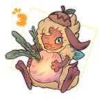 2023 3_toes acorn ambiguous_gender anthro blue_sclera bovid brown_body caprine clothing digital_drawing_(artwork) digital_media_(artwork) feet food fruit full-length_portrait fur giant_food giant_vegetable hat headgear headwear hi_res holding_food holding_object holding_radish holding_vegetable kerchief looking_at_viewer male_(lore) mammal micah_(rune_factory) neckerchief neckwear number nut_(fruit) one_eye_closed plant pokunchan portrait radish rune_factory semi-anthro sheep short_tail simple_background sitting smile solo tail toes vegetable white_background white_body white_fur white_wool wink winking_at_viewer wool_(fur)