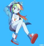  1girl animal_ears animification blue_background blue_boots blue_jacket blue_skin boots breasts colored_skin commentary_request cutie_mark cutie_mark_print denim denim_shorts fake_animal_ears goggles goggles_on_head highres horse_ears jacket long_hair looking_at_viewer medium_breasts multicolored_hair my_little_pony my_little_pony:_equestria_girls my_little_pony:_friendship_is_magic open_clothes open_jacket rainbow_dash rainbow_dash_(equestria_girls) rainbow_hair red_eyes ryuu_(ryuraconis) shorts simple_background solo tank_top very_long_hair white_tank_top winged_boots 