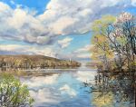  blue_sky cloud commentary day english_commentary highres kate_avery no_humans oil_painting_(medium) original outdoors painting_(medium) real_world_location reflection reflective_liquid river scenery sky traditional_media tree water 