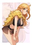  1girl ahoge black_shirt border bracelet braid breasts brown_eyes brown_skirt capelet cleavage commentary_request cropped_legs cropped_shirt earrings fur_capelet groin half-skirt half_up_braid hands_on_own_thighs highres jewelry large_breasts light_frown long_hair looking_at_viewer microskirt nami_(one_piece) official_alternate_costume one_piece orange_hair out_of_frame pearl_earrings shirt side_braid simple_background skirt skoll_world solo white_background white_border wristband zoom_layer 