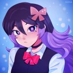  1girl alternate_hair_color artist_name black_choker black_sweater_vest bow bowtie choker collared_shirt commentary english_commentary gift_art hair_bow highres long_hair looking_at_viewer mari_(faraway)_(omori) mari_(omori) multicolored_hair omori parted_lips pink_bow purple_eyes purple_hair red_bow red_bowtie shirt solo sweater_vest two-tone_hair upper_body white_shirt zoewillowz 