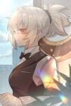  1girl alternate_costume black_bow black_bowtie black_vest blue_sky bow bowtie closed_mouth cloud commentary_request from_side grey_hair hair_between_eyes highres ponytail red_eyes sakuraso shirt sky soldier_11_(zenless_zone_zero) solo twitter_username upper_body vest waitress white_shirt zenless_zone_zero 