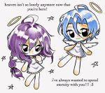  2boys :3 angel angel_wings ayase_mayoi barefoot black_eyes black_ribbon blue_hair braid chibi closed_mouth commentary crossdressing crossdressing_(mtf) dot_mouth dress earrings english_commentary english_text ensemble_stars! full_body hair_between_eyes hair_ribbon halo hand_up highres jewelry long_hair long_hair_between_eyes looking_at_viewer male_focus minnieeeworld multiple_boys purple_hair raised_inner_eyebrows ribbon short_hair signature simple_background single_braid sleeveless sleeveless_dress star_(symbol) stud_earrings tareme tojo_kaname tsurime white_background white_dress white_wings wings yellow_halo 