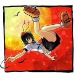  1girl black_hair black_skirt camera closed_mouth commentary_request drawing_on_air full_body geta hat holding holding_camera legs_up miniskirt puffy_short_sleeves puffy_sleeves red_background red_hat sergei_(pattundo) shameimaru_aya shirt short_hair short_sleeves sideways_glance simple_bird skirt smirk socks solo sun tengu-geta tokin_hat touhou two-tone_background upside-down v-shaped_eyebrows white_shirt white_socks yellow_background 