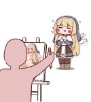  1boy 1girl black_dress black_pantyhose blonde_hair blush_stickers breasts canvas_(object) capelet chibi closed_eyes commentary_request dated_commentary detached_wings dress easel full_body highres holding holding_pencil huge_breasts juxtaposition korean_commentary leader_(trickcal) navel ner_(trickcal) nun nun_headdress one_eye_closed painting_(action) painting_(object) pantyhose pencil simple_background standing stomach sweat trickcal twitter_username virtus white_background white_capelet wing_flapping wings 