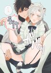  2boys animal_ear_request animal_ears apron black_hair black_pants blue_eyes blush crossdressing crossdressing_(mtf) crossed_legs embarrassed fang forehead frilled_apron frills full-face_blush garter_straps green_panties hair_between_eyes highres hood hoodie inuzumi_shibahiko_(megechan) kowata_shunki_(megechan) legs maid maid_apron maid_headdress male_maid mege_(megechan) motion_lines multiple_boys open_mouth original panties pants puffy_sleeves red_eyes short_hair short_sleeves simple_background sitting skin_fang spread_legs sweatdrop sweater thighhighs thighs tongue underwear white_apron white_background white_hair white_hoodie white_sweater white_thighhighs wrist_cuffs yaoi 