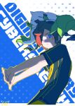  1boy aiba_takumi blue_eyes chinese_commentary closed_eyes commentary_request copyright_name digimon digimon_(creature) digimon_on_head digimon_story:_cyber_sleuth goggles goggles_on_head looking_at_viewer male_focus pants red_hair shirt stretching terriermon xinjinjumin040862880251 yellow_pants 