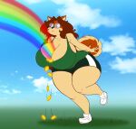  absurd_res anthro breasts canid canine canis cleavage clothed clothing coin domestic_dog eyewear female glasses goblinhordestudios grass hair hi_res mammal plant rainbow sky solo 