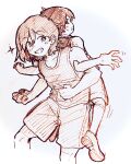  2boys absurdres bright_pupils collarbone collared_shirt commentary double-parted_bangs hair_between_eyes highres kel_(faraway)_(omori) kel_(omori) kneehighs loafers looking_at_another male_focus momohikino monochrome multiple_boys omori shirt shoes short_hair short_sleeves shorts socks sunny_(omori) sweatdrop sweater_vest traditional_media 