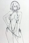  1girl 2b_(nier:automata) adjusting_clothes adjusting_swimsuit areola_slip ass_visible_through_thighs bikini blindfold breasts canvas_texture center_opening commentary_request contrapposto covered_nipples cowboy_shot expressionless graphite_(medium) greyscale groin hand_on_own_hip headband highres linea_alba medium_breasts micro_bikini monochrome navel nier:automata nier_(series) o-ring o-ring_bikini pulling_own_clothes seishun_dendeke short_hair slingshot_swimsuit solo standing sweat swimsuit traditional_media 