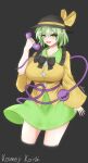  1girl black_background black_bow black_bowtie black_hat bow bowtie breasts character_name commentary green_eyes green_hair green_skirt hat hat_ribbon heart heart_of_string highres holding holding_phone komeiji_koishi large_breasts lazyseal looking_at_viewer open_mouth phone ribbon shirt short_hair signature simple_background skirt solo third_eye touhou yellow_ribbon yellow_shirt 