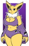absurd_res anthro armlet bandai_namco big_breasts bikini breasts clothing digimon digimon_(species) eeveelution female female_anthro generation_1_pokemon hi_res jolteon neck_tuft nintendo pokemon pokemon_(species) renamon simple_background solo swimwear the_k9_empire tuft two-piece_swimsuit vulpinecrew watermark