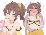  1boy 1girl ahoge blue_eyes blush breasts brown_hair bubukka camisole can collarbone commentary drink_can drinking_straw hair_ornament hair_scrunchie hand_in_another's_panties heart hetero holding holding_can hololive natsuiro_matsuri natsuiro_matsuri_(matsuri's_day_off) nipples nose_blush official_alternate_costume open_mouth panties scrunchie side_ponytail simple_background small_breasts strap_slip underwear untranslatable_commentary virtual_youtuber white_background yellow_camisole yellow_scrunchie 