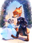  1boy 1girl :3 :d alternate_costume animal_ears animal_feet animal_nose bridal_veil bride closed_eyes commentary couple digitigrade dress english_commentary formal_clothes fox_boy fox_ears fox_tail furry furry_female furry_male furry_with_furry height_difference hetero highres husband_and_wife interspecies judy_hopps looking_at_another nick_wilde official_style open_mouth outdoors painterly purple_eyes rabbit_ears rabbit_girl rabbit_tail smile snout tail tomoe_(shoushou781) veil wedding wedding_dress white_dress zootopia 