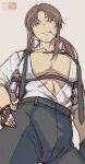  1girl beretta_92 black_gloves black_lagoon breasts breasts_apart brown_eyes brown_hair cigarette fingerless_gloves from_below gloves gun hand_on_own_hip handgun holster large_breasts light_smile looking_at_viewer no_bra open_clothes open_shirt parted_bangs ponytail revy_(black_lagoon) shirt shoulder_holster sidelocks smoking solo standing weapon white_shirt yasunososaku 