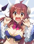  1girl bow bowtie breasts cleavage curled_horns demon_girl demon_horns highres horns long_hair looking_at_viewer machikado_mazoku medium_breasts open_mouth red_bow red_bowtie red_hair solo somechime_(sometime1209) yoshida_yuuko_(machikado_mazoku) 