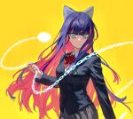  1girl ball_and_chain_(weapon) blazer blue_bow blue_eyes blue_jacket bow bowtie breasts bright_pupils chinese_commentary closed_mouth collared_shirt colored_inner_hair commentary_request cosplay dress_shirt fingernails floating_hair grey_skirt hair_bow holding holding_weapon jacket kill_bill long_fingernails long_hair long_sleeves looking_at_viewer max-k medium_breasts multicolored_hair nail_polish panty_&amp;_stocking_with_garterbelt pink_hair pleated_skirt purple_hair purple_nails red_bow red_bowtie school_uniform shirt simple_background skirt solo stocking_(psg) streaked_hair two-tone_hair upper_body very_long_hair weapon white_pupils white_shirt yellow_background yuubari_gogo yuubari_gogo_(cosplay) 