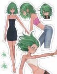  1girl absurdres alternate_costume armlet bent_over black_dress bracelet breasts chibi chibi_inset commentary denim dress dress_straps english_commentary floating_hair from_side full_body gold_bracelet gold_necklace green_eyes green_hair highres jeans jewelry medium_hair multiple_views narrow_waist navel necklace one-punch_man pants pink_tube_top simple_background small_breasts solo star_(symbol) strapless tatsumaki tefi_blum tube_top white_background white_tube_top wrist_belt 