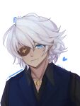  1boy alternate_costume blue_eyes closed_mouth eyepatch fire_emblem fire_emblem_fates heart highres light_smile looking_at_viewer male_focus niles_(fire_emblem) solo tearoll white_hair 