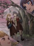  2girls :d bag black_bow black_socks blue_bag blue_eyes blue_hair bow braid brown_cardigan brown_dress brown_hair brown_shoes cardigan center-flap_bangs cherry_blossoms commentary_request dollchestra dress eye_contact hair_bow half_updo hasu_no_sora_school_uniform highres hino_(hinonoq) holding holding_umbrella kachimachi_kosuzu link!_like!_love_live! loafers long_hair long_sleeves looking_at_another love_live! medium_dress multiple_girls multiple_views murano_sayaka neckerchief open_cardigan open_clothes open_mouth outdoors pink_eyes pleated_dress rain red_neckerchief sailor_collar sailor_dress school_bag school_uniform shoes shoulder_bag side_braids smile socks teeth transparent transparent_umbrella umbrella umbrella_(love_live!) upper_teeth_only virtual_youtuber walking white_sailor_collar white_socks winter_uniform yellow_neckerchief 