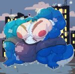 anthro bandai_namco big_bulge big_muscles bodily_fluids building bulge digimon digimon_(species) exveemon halftonhalfshell hi_res huge_bulge huge_muscles hyper hyper_muscles macro male muscular night size_difference smug solo standing steam sweat