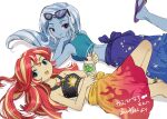  2girls :d animification aqua_eyes bikini black_bikini blonde_hair blue_bikini blue_hair blue_skin colored_skin commentary_request commission cutie_mark cutie_mark_print equestria_girls:_better_together eyewear_on_head flip-flops food gradient_clothes gradient_skirt hand_on_own_face highres ice_cream ice_cream_float jewelry long_hair looking_at_viewer lying multicolored_hair multiple_girls my_little_pony my_little_pony:_equestria_girls my_little_pony:_friendship_is_magic necklace official_alternate_costume on_back on_stomach purple-tinted_eyewear purple_eyes purple_sandals red_hair sandals simple_background skeb_commission skirt smile streaked_hair sunglasses sunset_shimmer sunset_shimmer_(human) swimsuit the_pose tinted_eyewear translation_request trixie_lulamoon trixie_lulamoon_(equestria_girls) two-tone_hair white_background yellow_skin zinbei 