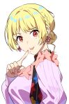 1boy :p blonde_hair braid breasts commentary crossdressing crossdressing_(mtf) duokuma earrings eyes_visible_through_hair finger_to_mouth flower_earrings highres jewelry kinosaki_mei large_breasts long_sleeves looking_at_viewer male_with_breasts marriagetoxin mole mole_under_eye mole_under_mouth multiple_moles red_eyes simple_background sleeves_past_wrists smile solo tongue tongue_out trap untranslatable_commentary upper_body white_background 